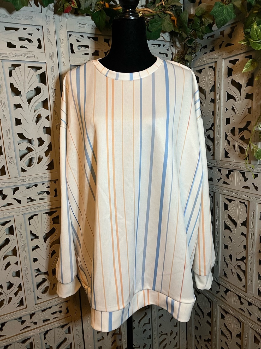 CASUAL COZY WHITE WITH TAN & BLUE STRIPES LONG SLEEVE SWEATSHIRT PLUS SIZE TOP